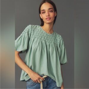 NWT Anthropologie Liza Blue Green Smocked Linen Top Blouse XS